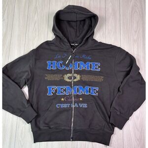 HOMME + FEMME Classic Graphic Zip Up Hoodie Black Medium Cotton
